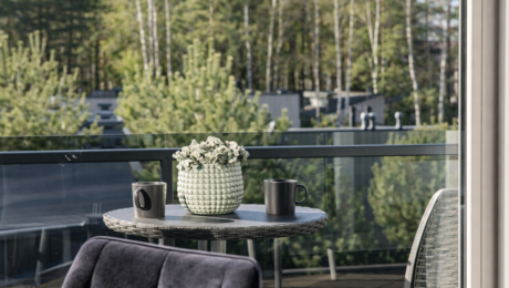 AI balkonas zalia per langa